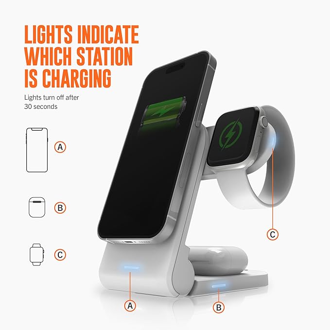STM ChargeTree Mag: 3-in-1 MagSafe Wireless Charging Station for iPhone 16, 15, 14, 13, & 12 Series, Apple Watch, and AirPods - Foldable and Space-Saving Dock - White