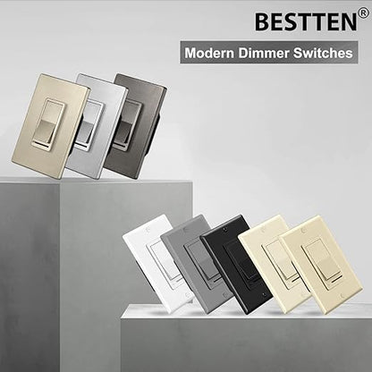 BESTTEN 10 Pack Matte Champagne Gold Dimmer Light Switch, Single Pole or 3-Way, Compatible with Dimmable LED, CFL, Incandescent and Halogen Bulb, 120VAC, Signature Collection, UL Listed