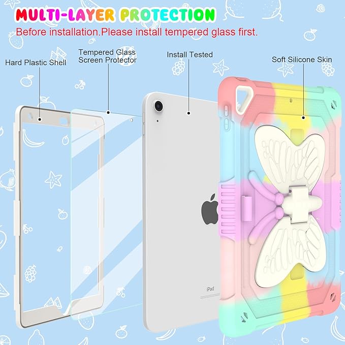 BLOSOMEET Pink Kids Case for iPad 9th/8th/7th Generation 2021/2020/2019 10.2 Inch with Tempered Glass Screen Protector & Butterfly Stand Cover for iPad 10.2 with Shoulder Strap Pencil Holder