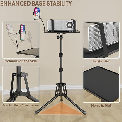 KOOV Projector Stand Adjustable Height 20" to 61", Foldable Projector Tripod Stand with Mouse Tray & Phone Holder, Portable Laptop Floor Stand for Office Home Stage Studio DJ Racks Podium Stand