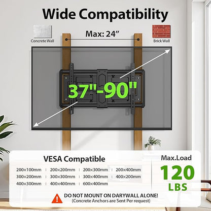 USX Mount Ultra Slim TV Wall Mount for 37-90 inch TVs, Low Profile Full Motion TV Mount with Swivel Articulating Dual Arms, Wall Bracket for Max VESA 600x400mm Holds 120lbs, Fits 16"/18"/24" Studs