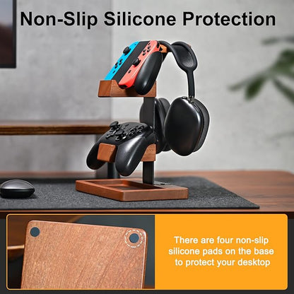 HUMANCOZY Solid Wood Controller Holder and Headphone Stand, Gaming Controller Stand for Desk, Dual Controller Organizer Rack, Fits Xbox, PS4, PS5, Gamepad, Headset Holder for Son, Husband, Boyfriend