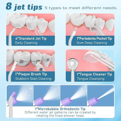 AUIEI Water Flosser Pick for Teeth & Braces, 300ML Cordless Power Dental Flossers with 8 Jet Tips, Oral Irrigator 5 Pressure, IPX7 Waterproof, Portable for Home Travel
