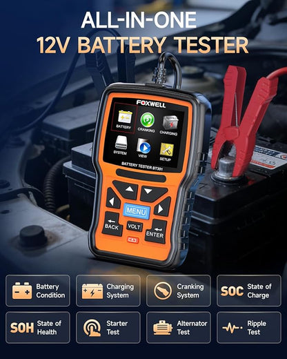 Car Battery Tester 12V FOXWELL BT301, Battery Load Tester 100-2000CCA Automotive Battery Tester Digital Alternator Tester Cranking Charging Checker for Car Marine Truck SUV ATV, Upgraded of BT100