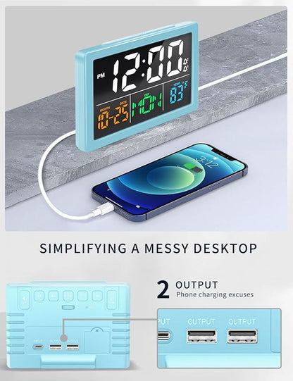 Digital Alarm Clock, with 5.5" Large LED Time Display, Adjustable Alarm Volume, 6 Level Brightness, Alarm Settings, USB Charger, Temperature Detect, Snooze, Clocks for Bedroom, Bedside, Desk, Blue