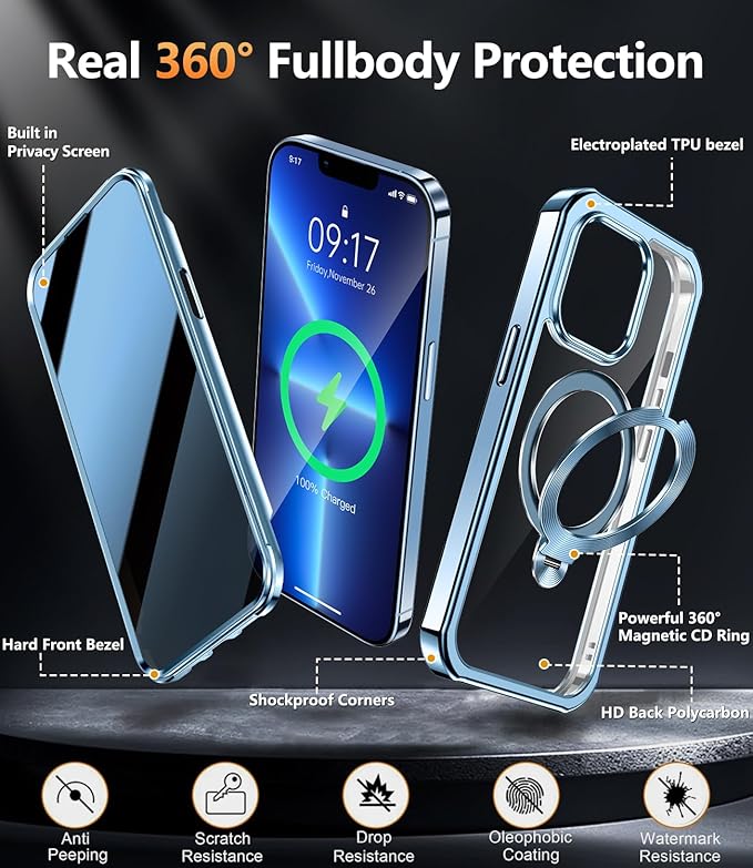 [360° Rotatable CD Stand & Built-in Privacy Screen Magnetic Case for iPhone 13 Pro[Compatible with MagSafe & Full Signal] Mil-Grade Shockproof Full Body Anti-Spy Cover for 13 Pro-Sierra Blue