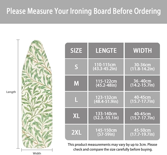 ZCFYGDX Ironing Board Cover Decor 14x45 Inch, Iron Board Cover with Nose Pocket, Nylon Buckle Fastening Stain Resistant Scorch Resistant,Protection Covers with Elastic Edge Fresh Green Leaf Print