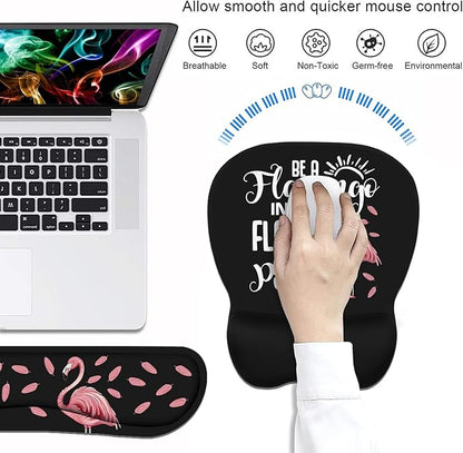 Mouse Pad Wrist Support and Keyboard Wrist Rest Set with Coasters, Inspirational Quote Be a Flamingo in a Flock Pigeons with Non-Slip PU Base Ergonomic Mousepad for Computer Laptop Home Office