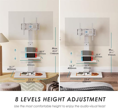 FITUEYES Floor TV Stand with Mount for 32-55 65 Inch TV, Height Adjustable TV Floor Stand with Metal Shelf up to 88lbs, Swivel Tall TV Stand with Study Iron Base for Living Room, Bedroom