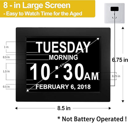 【New 2024】 Digital Calendar Alarm Day Clock - with 8" Large Screen Display, am pm, Multiple Alarms, for Impaired Vision People, The Aged Seniors, The Dementia, for Desk, Wall Mounted, Black