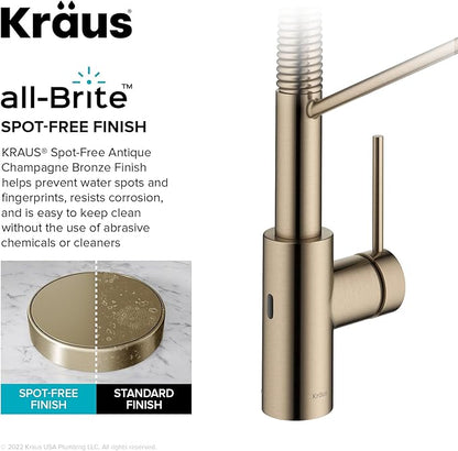 KRAUS Oletto Touchless Sensor Commercial Pull-Down Single Handle Kitchen Faucet with QuickDock Top Mount Assembly in Spot Free Antique Champagne Bronze, KSF-2631SFACB