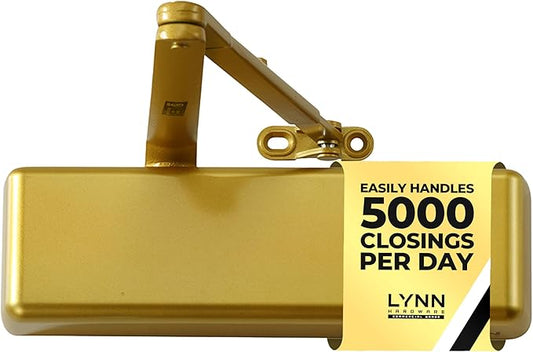 LYNN HARDWARE Extra Heavy Duty Automatic Door Closer (Brass/Gold) - Commercial Grade, Contractors Choice, Adjustable Speed, Delayed Closing Timer, 3 Mounting Options, 3 Hour Fire Rated (DC9016 Model)