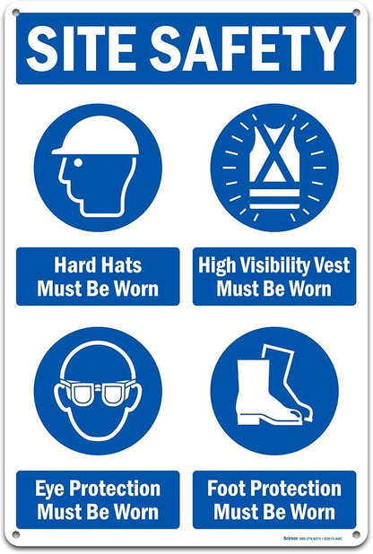 Brimar - 12" x 18" - Site Safety Mandatory PPE Sign - .063″ White Rust-Free Aluminum - Comprehensive Message - Easy Installation