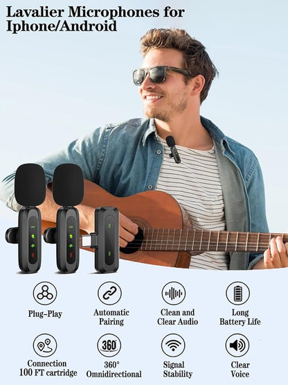 Wireless Lavalier Microphone for iPhone Android Plug-Play,2 Pack Mini Microphone Professional Noise Reduction Recording Clip Mic for Creator Vlog Creator (All iPhones & Androids (USB-C + Lightning))