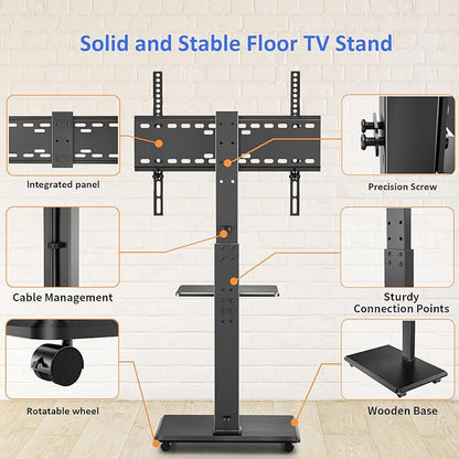 Rolling TV Stand, Mobile TV Cart for 32-75 Inch TVs up to 110 lbs, 18 Adjustable Heights, TV Floor Stand with Swivel Mount & Shelf, Max VESA 600x400mm, TV Stand on Wheels for Bedroom, Office, Outdoor