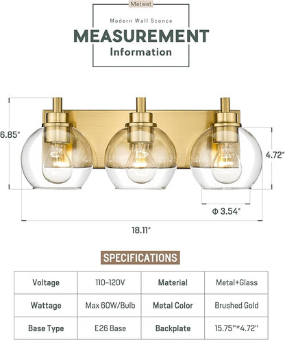 METWET Bathroom Light Fixtures, 3-Light Brushed Gold Vanity Light, Modern Wall Sconces with Clear Glass Globe Shade, Bathroom Wall Lights for Mirror Kitchen Bedroom Hallway Living Room, VL195-GD-3