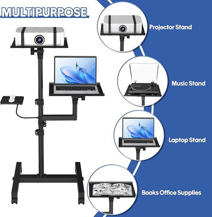 GSOW 2 Shelves Mobile Projector Stand, Rolling Laptop Stand Adjustable Height to 47 Inches, Podium Stands with Ventilated Tray, Heavy Duty, Laptop Floor Stand for Office, Home, Stage, DJ