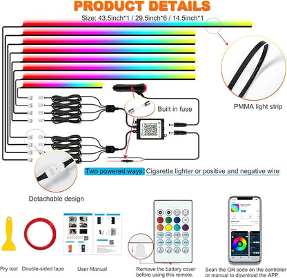 Jushope Interior Car LED Strip Lights, Acrylic LED Lights for Car with Dynamic Dreamcolor Chasing, Ambient Lighting Kits Music Sync Wireless APP and RF Remote Control (8 in 1)