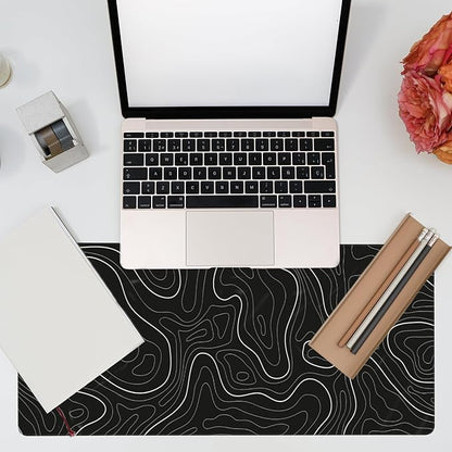 Eflxamz Desk Mat,Black Topographic Contour Map Desk Pad,Topographic Contour Large Gaming Mouse Pad for Desk,Extended Big Computer Keyboard Mouse Pad with Non-Slip Base and Stitched Edge,35.4"x15.7"