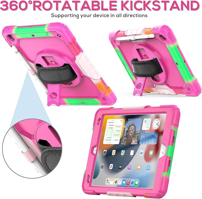 BLOSOMEET Case for iPad 9th/8th/7th Generation 2021/2020/2019 10.2 Inch for Kids Girls with Tempered Glass Screen Protector & Pen Holder| iPad 10.2 Case Cover w/Stand Hand Shoulder Strap |Rose