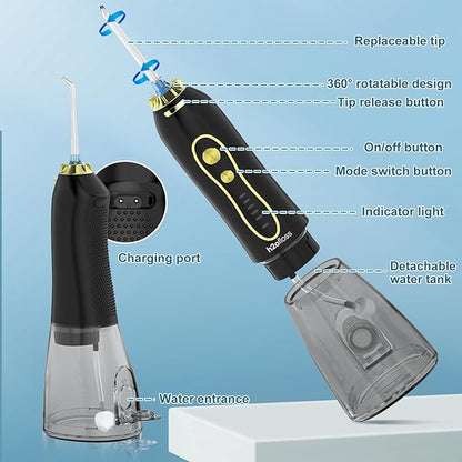 H2ofloss Water Dental Flosser Teeth Pick -Portable Oral Irrigator with 5 Modes, Rechargeable IPX7 Waterproof Orthodontic Teeth Cleaner Pick Cordless for Home Travel-300ml Water Tank Gold