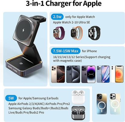 2025 Upgraded 3-in-1 Magnetic Wireless Charger,Charging Stand,Charging Station,for iPhone 12-16,iWatch,AirPods,Ultra-Safe, Foldable, with Adjustable Night Light & Included Adapter