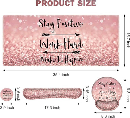 ToLuLu Desk Mat, XXL Large Mouse Pad Wrist Support Set，4 in1 Gaming Mousepad Desk Pad+ Ergonomic Mouse Pad with Wrist Rest + Keyboard Wrist Rest+Coaster for Women Home Office Table, Pink Stay Positive