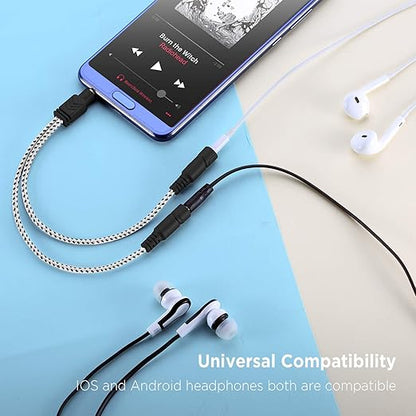 DUKABEL Headphone Splitter, Knitted 3.5mm Audio Splitter TRS 3-Pole Aux Splitter Cable for Headphones Earphones Speakers -Zebra White/2PACK