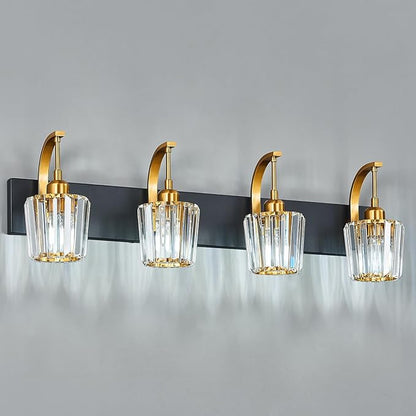 FDPBY Modern Bathroom Vanity Light, 4-Light Black Gold Wall Sconce with Crystal Accents, Over Mirror Bathroom Lighting Fixture, 32.67" Long Dimmable Vanity Lamp for Makeup, Easy Installation