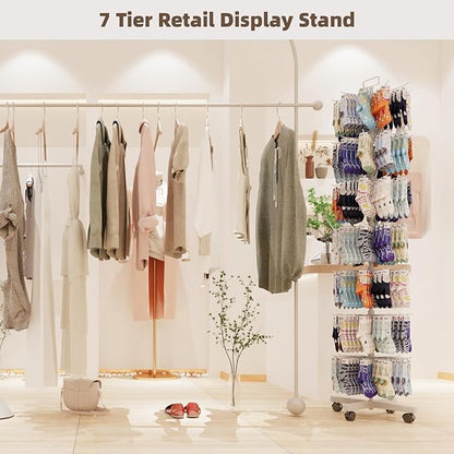 YEOOE Retail Display Racks 7 Tier Spinning Display Stand, Movable Shop Spinner Rack with Hooks, Retail Display Stand for Jewelry Keyring Hats Socks Toys (White)