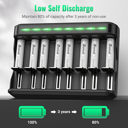 BONAI AAA Rechargeable Batteries, 8 Pack 1100mAh NiMH Batteries with Smart Universal Battery Charger