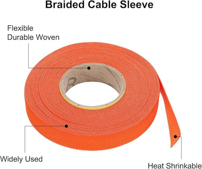 MECCANIXITY Braided Cable Sleeves Heat Shrinkable Fabric Sleeving, 1/2" 40ft Orange 2:1 Ratio Heat Shrinkable Cord Protector for Harness Cable, Network Cable Protection, Cable Management