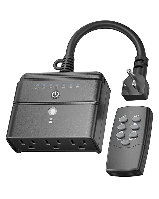 BN-LINK Outdoor Light Timer, Waterproof Plug-in Dusk-to-Dawn Controller with 3 Grounded Outlets for Christmas & Halloween String Lights, 15A 1/2HP, ETL Listed, 100 ft RF Range, Remote Included