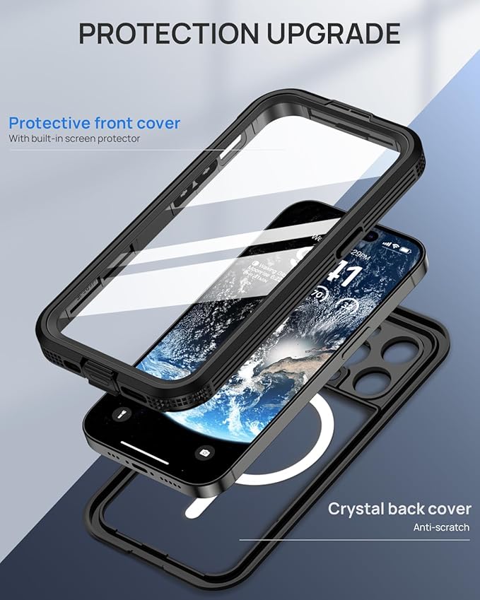 Lanhiem Magnetic for iPhone 15 Pro Case, IP68 Waterproof Dustproof Case, [Compatible with Magsafe] [Built-in Screen Protector] Full Body Heavy Duty Rugged Phone Cover 6.1 inch, Black