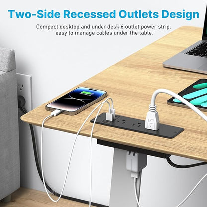 CCCEI 6 Outlets Dual Side Recessed Power Strip with USB C Ports, Furniture Flush Mount, Under Desk, Desk Top Multiple Outlets, Hidden Charging Station for Conference Table, Nightstand, Black. 10FT.
