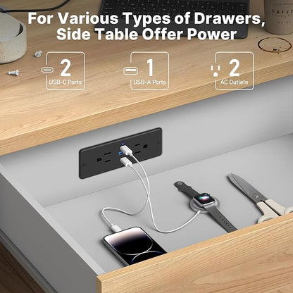 CCCEI Recessed Power Strip with Outlet and 65W USB C Ports, Furniture Flush Mount Power Strip, Small Desk Hidden Outlet for Conference Table, Nightstand, Black, 10FT.