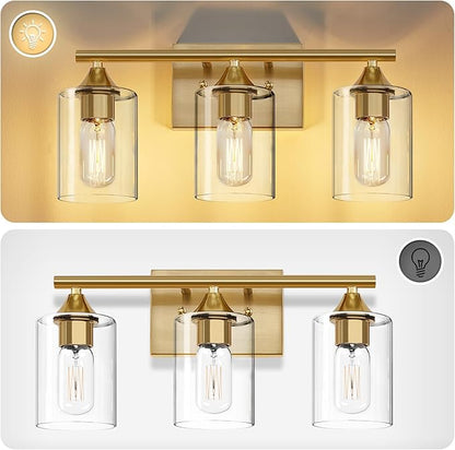 XPEHK Gold Bathroom Light Fixtures,3-Light Vanity Lights,Modern Brushed Brass Gold Wall Sconce Lighting,Bathroom Wall Lamp for Mirror Bedroom Living Room Vanity Table Hallway