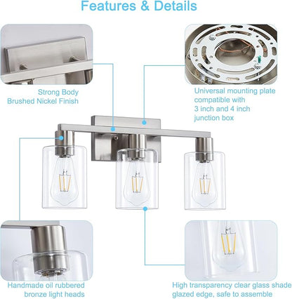 SOPEAS 3-Light Vanity Lights,Brushed Nickel Vanity Light,with Clear Glass Shade for Bathroom Light Fixtures, Bathroom Light Fixtures Over Mirror