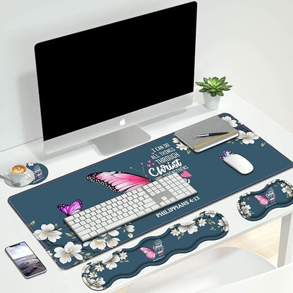 Ergonomic Keyboard Wrist Rest & Mouse Pad Wrist Rest Set, Large XXL Gaming Desk Mat 31.5"x 11.8" with Non-Slip Base for Home Office Study Gaming, Floral Butterfly Quote Bible Verse Philippians 4:13