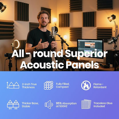 Focusound 16 Pack DIY Creative Art Decor Acoustic Foam Panels 2" x 12" x 12" Sound Proof Foam Panels Soundproofing Noise Cancelling Wedge Panels with 90PCS Reusable Double-Side Adhesive Dots