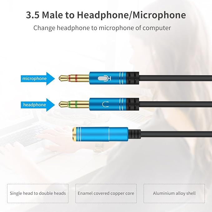 CANFON Headphone Splitter for Computer 3.5mm Female to 2 Dual 3.5mm Male Headphone Mic Audio Y Splitter Cable Smartphone Headset to PC Adapter(100CM, Black)