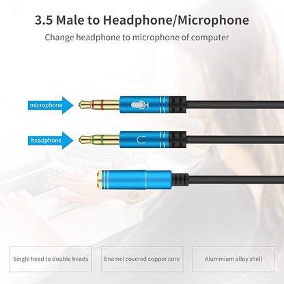CANFON Headphone Splitter for Computer 3.5mm Female to 2 Dual 3.5mm Male Headphone Mic Audio Y Splitter Cable Smartphone Headset to PC Adapter(100CM, Black)