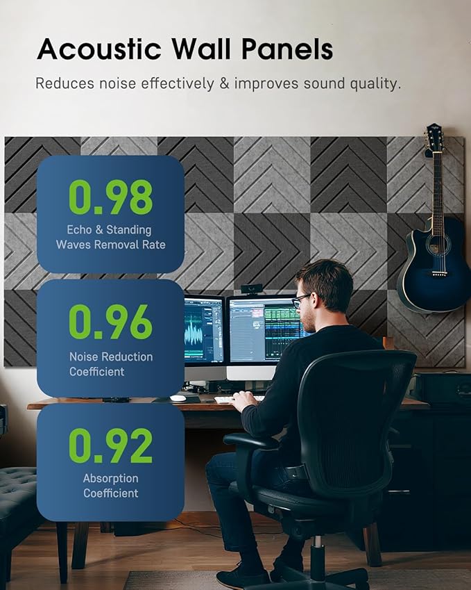Woovio Sound Proof Foam Panels for Walls, 18 Pack Self-Adhesive Acoustic Panels, 12" X 12" X 0.4" Soundproof Wall Panels for Door, Ceiling, Home Office White