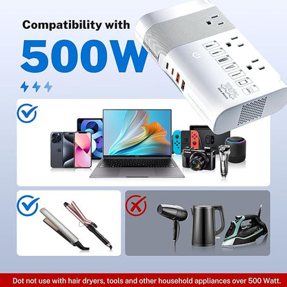 DOACE 500W Universal Travel Adapter 220V to 110V Voltage Converter, Pure Sine Wave European Travel Plug Adapter Converter, Transformer for US to Most Europe，UK/AU/EU/IT with 3 US Outlets & 4 USB
