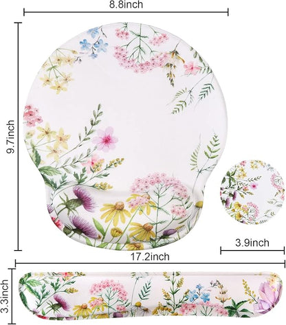 iLeadon Mouse Pad with Wrist Support Keyboard Wrist Rest Set, Ergonomic Mouse Pad with Non-Slip Base for Computer Laptop Home Office + Coasters, Easy Typing & Pain Relief Mouse Mat, Wild Flowers