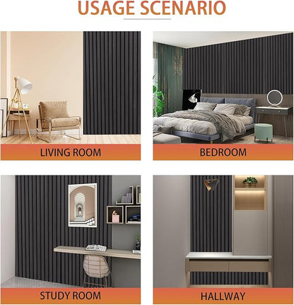 QDYMXUN Wood Slat Acoustic Wall Panels, 4-Pack 94.5'' x 7.9'' 3D Fluted Sound Absorbing Paneling for Interior Accent Wall Decor, Living Room (Matte Black)
