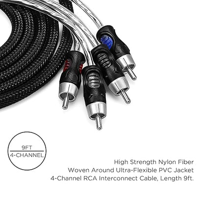 RECOIL PCI49 Premium 100% Oxygen Free Copper 9ft 4-Channel RCA Audio Interconnects Cable (4X RCA Male to 4X RCA Male) Double Shielded with Noise Reduction