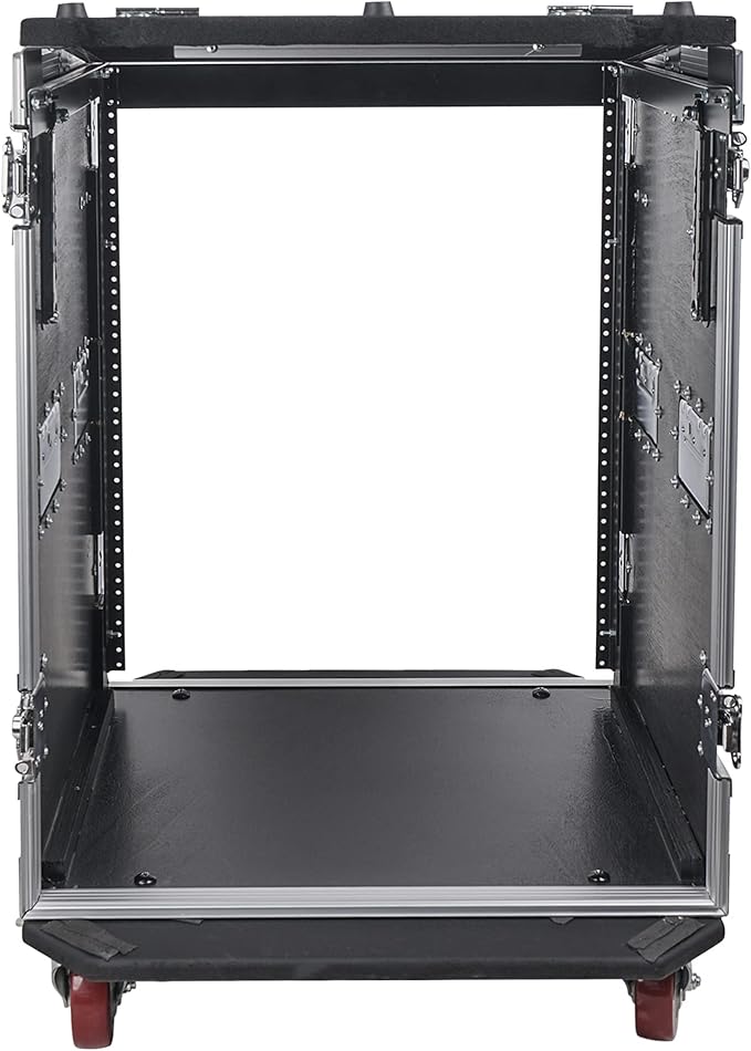 Sound Town Heavy-Duty 1/2" (12mm) Plywood 14U PA DJ Rack/Road ATA Case with 11U Slant Mixer Top, 20’’ Rackable Depth, 2 DJ Work Tables and Casters, 14-Space Size, Pro Tour Grade (STMR-14UWT2)