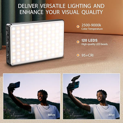 SEAEYES 120 LED Video Light, Portable USB Photo Light Dimmable 2500-9000K CRI 95+ 5000mAh Battery with Tripod with Colored Filters and Clip, Photo Lamp for Phone/iPad/Laptop/Camera