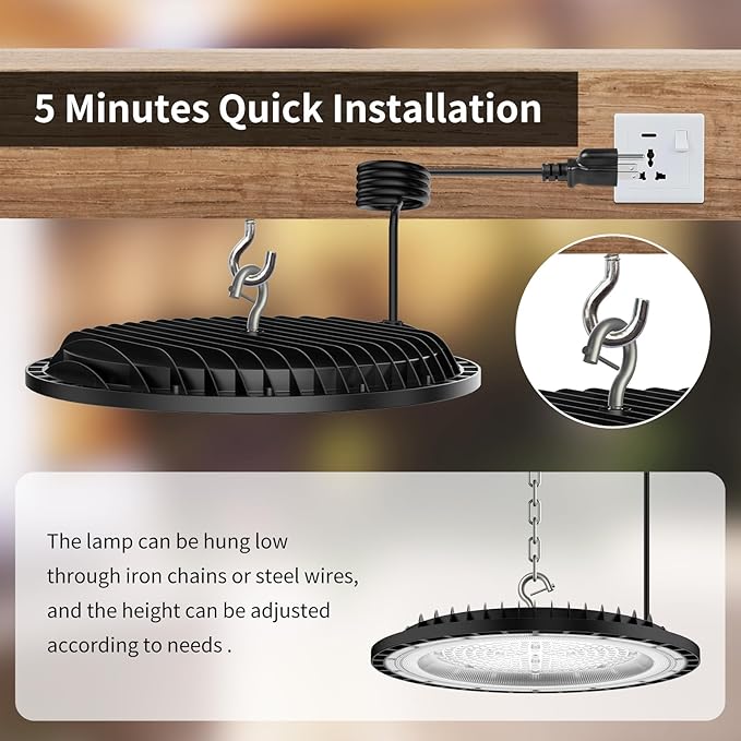 2Pack UFO LED High Bay Light 250w, 5000K,36,000LM, 5 ft cable with Us Plug UL Certified Plug,Hanging HookIP65 Commercial Warehouse Area Light for Wet Location Area, Workshop, Garage, Factory Barn